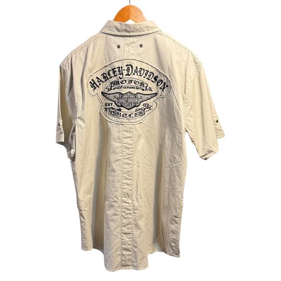 Harley-Davidson Mechanics Short Sleeve Button Up Embroidered Patches Tan Large - Picture 1 of 6
